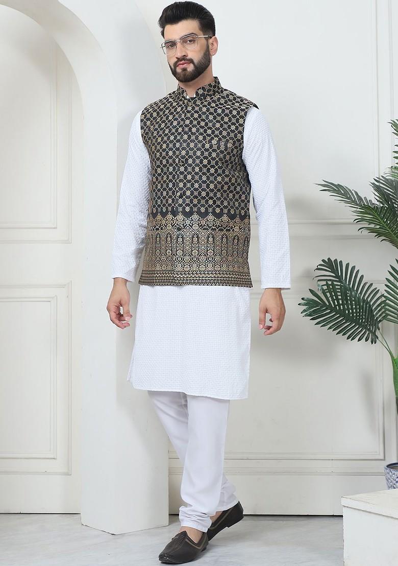 White Thread Work Cotton Kurta Set For Men