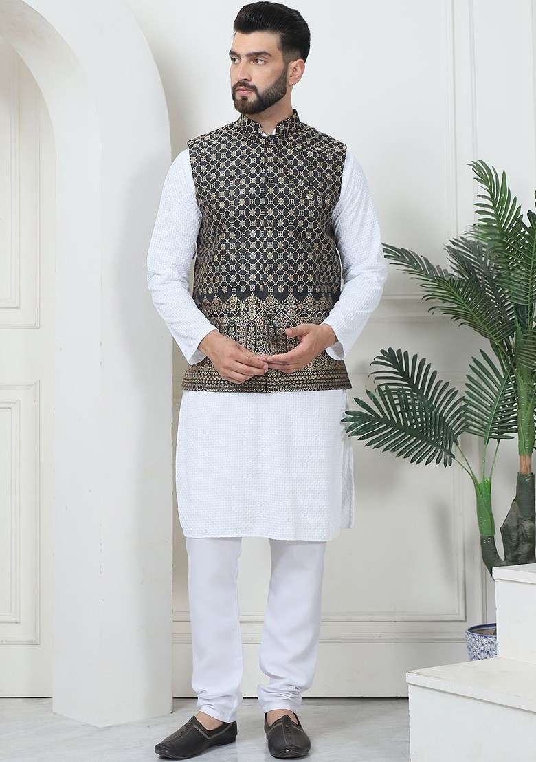 White Thread Work Cotton Kurta Set For Men - Indya