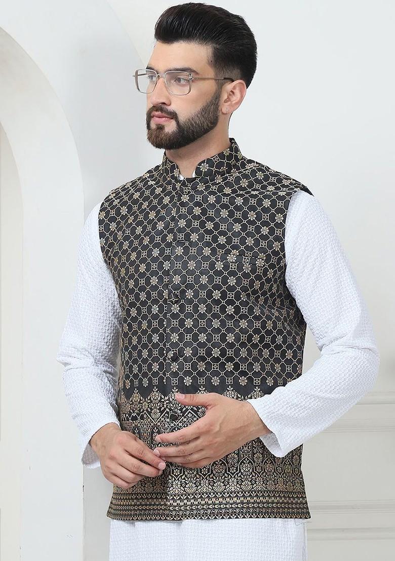 White Thread Work Cotton Kurta Set For Men