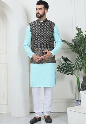 Turquoise Blue Thread Work Cotton Kurta Set For Men