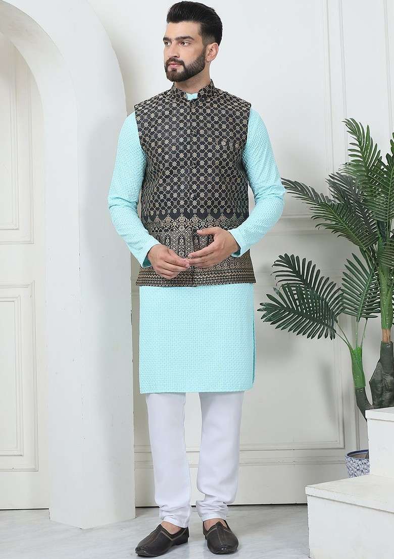 Turquoise Blue Thread Work Cotton Kurta Set For Men - Indya