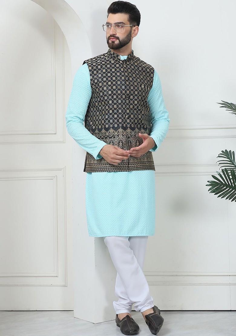 Turquoise Blue Thread Work Cotton Kurta Set For Men