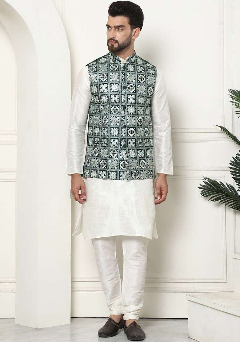 Cream Embroidered Cotton Kurta Set For Men - Indya
