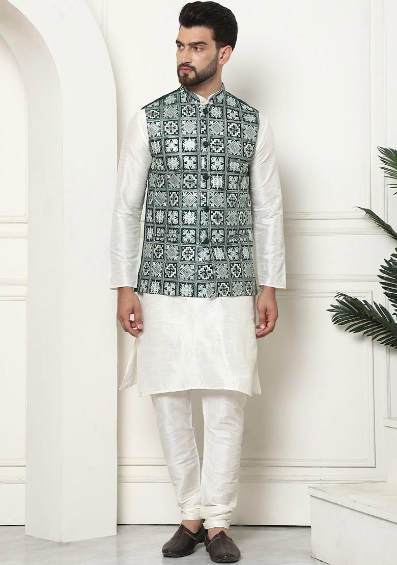 Cream Embroidered Cotton Kurta Set For Men