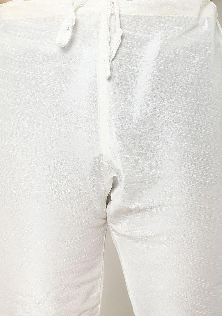 Cream Embroidered Poly Blend Kurta Set For Men