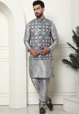 Grey Embroidered Poly Blend Kurta Set For Men