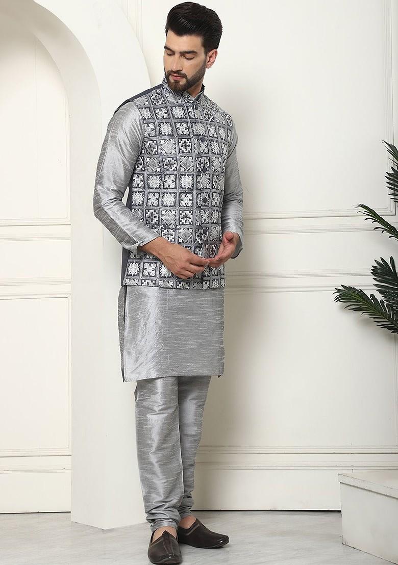 Grey Embroidered Poly Blend Kurta Set For Men