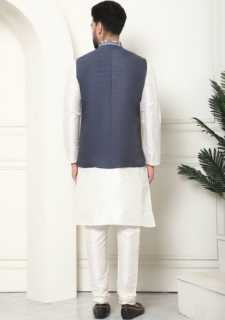 Cream Embroidered Poly Blend Kurta Set For Men