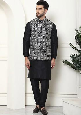 Black Floral Print Poly Blend Kurta Set For Men