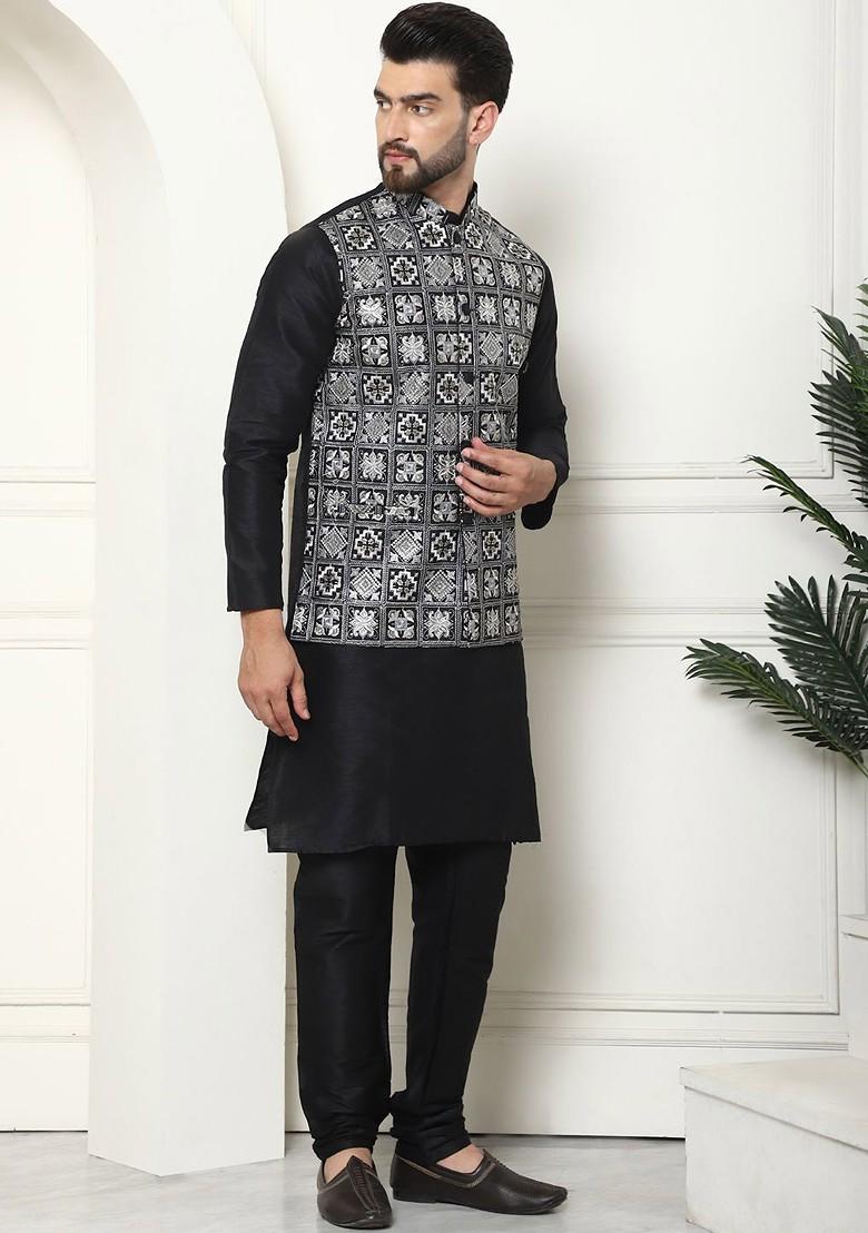 Black Floral Print Poly Blend Kurta Set For Men