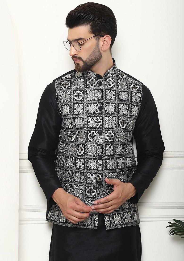 Black Floral Print Poly Blend Kurta Set For Men