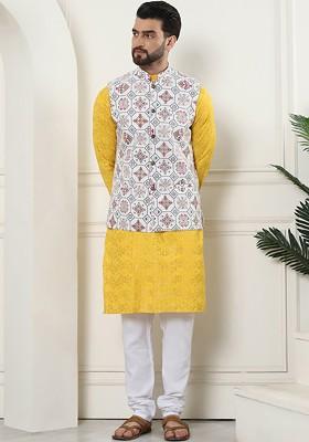 Yellow Solid Cotton Kurta Set For Men