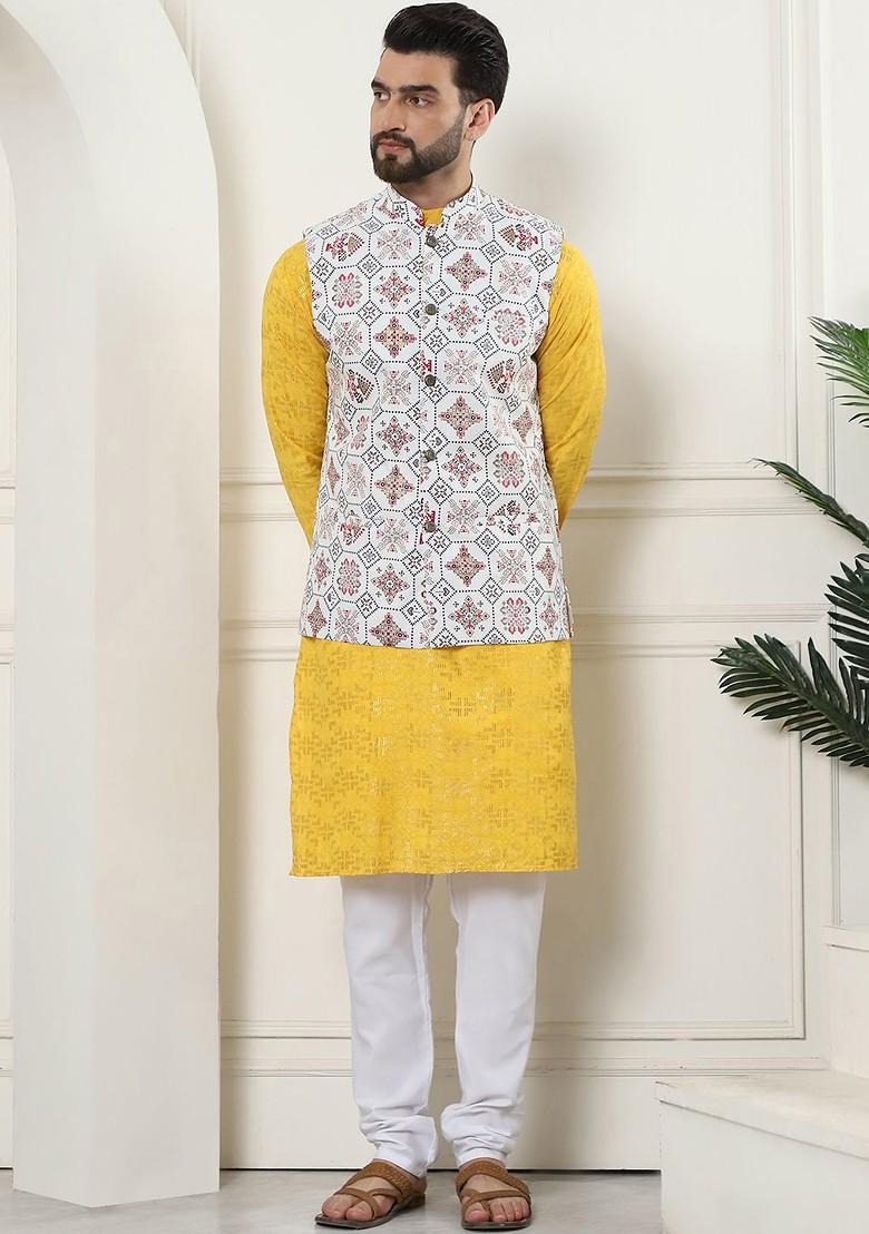 Yellow Solid Cotton Kurta Set For Men