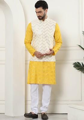 Mustard Printed Cotton Kurta Set For Men