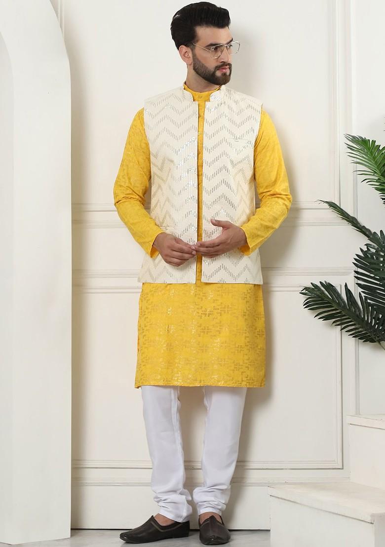 Mustard Printed Cotton Kurta Set For Men