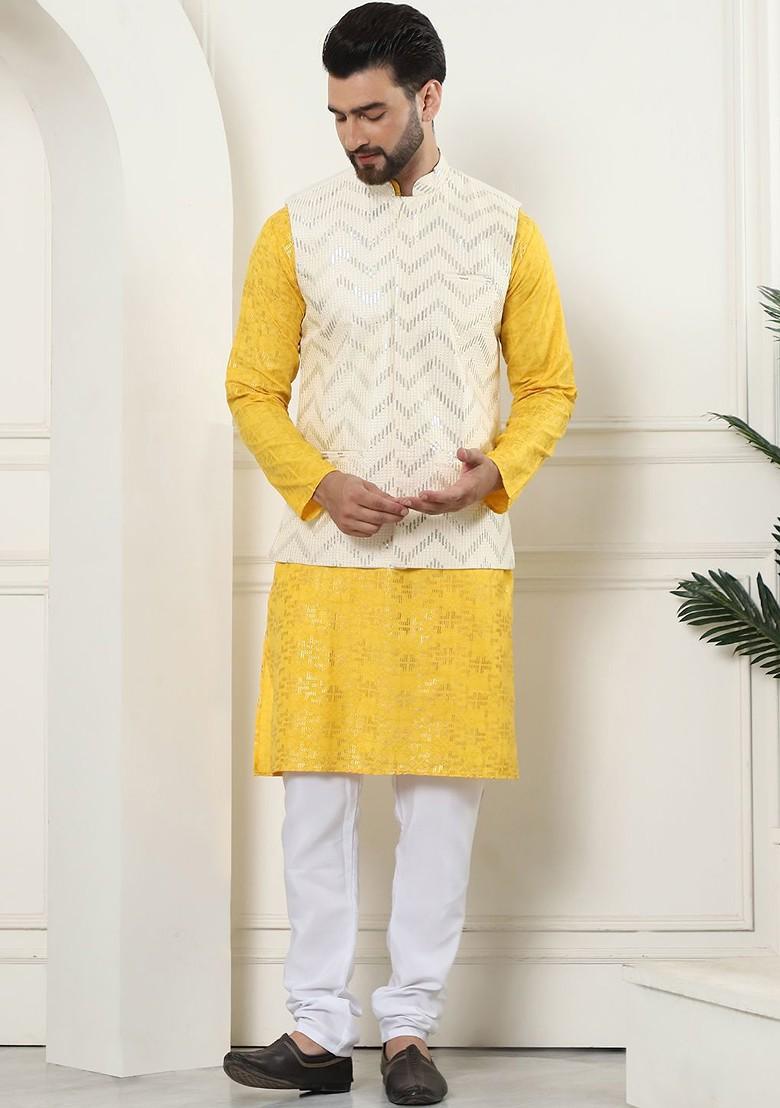Mustard Printed Cotton Kurta Set For Men