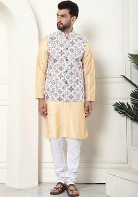 Mustard Ethnic Motifs Poly Blend Kurta Set For Men