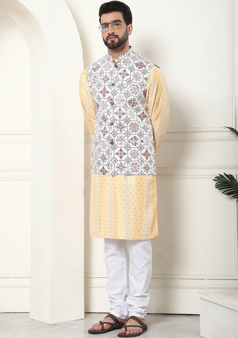 Mustard Ethnic Motifs Poly Blend Kurta Set For Men