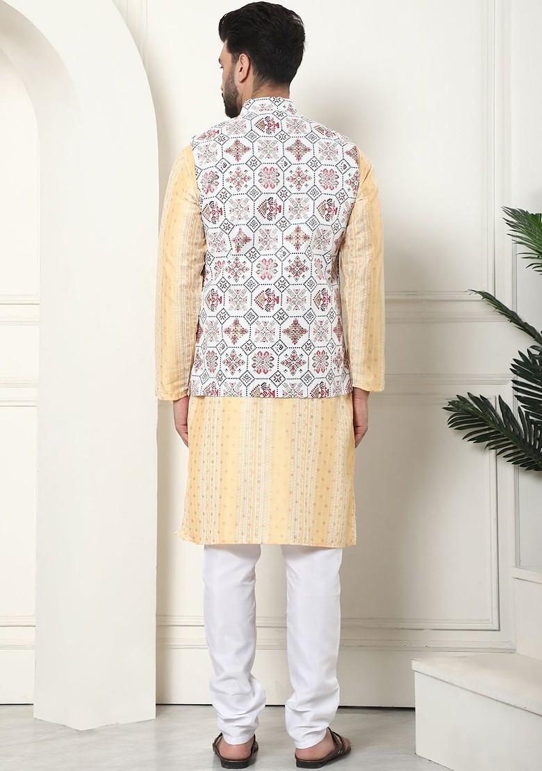 Mustard Ethnic Motifs Poly Blend Kurta Set For Men