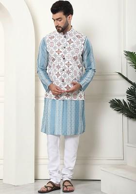 Teal Blue Printed Poly Blend Kurta Set For Men
