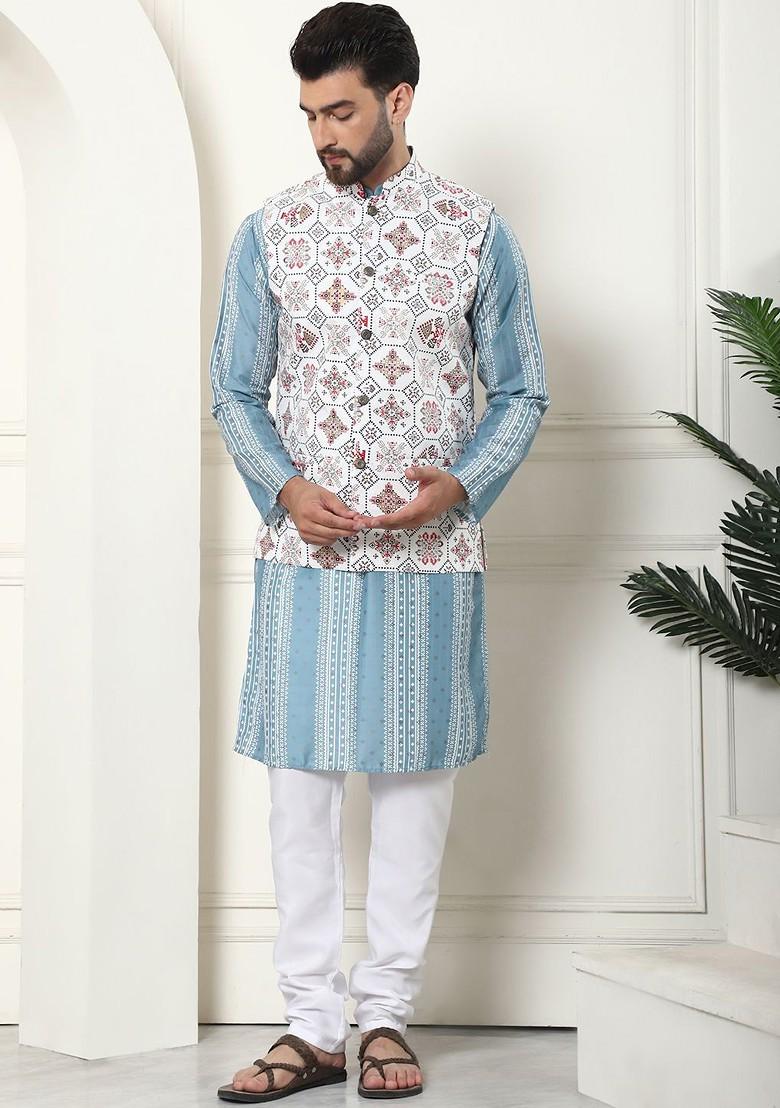 Teal Blue Printed Poly Blend Kurta Set For Men