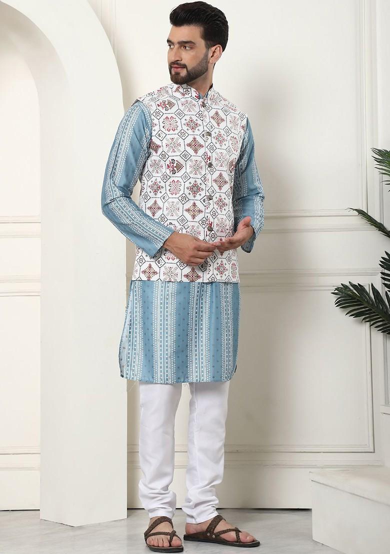 Teal Blue Printed Poly Blend Kurta Set For Men