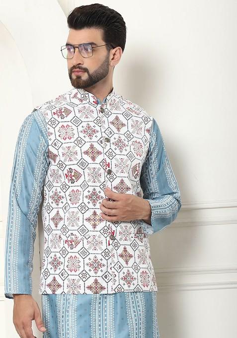 Teal Blue Printed Poly Blend Kurta Set For Men