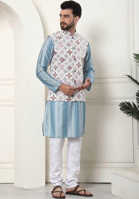 Teal Blue Printed Poly Blend Kurta Set For Men