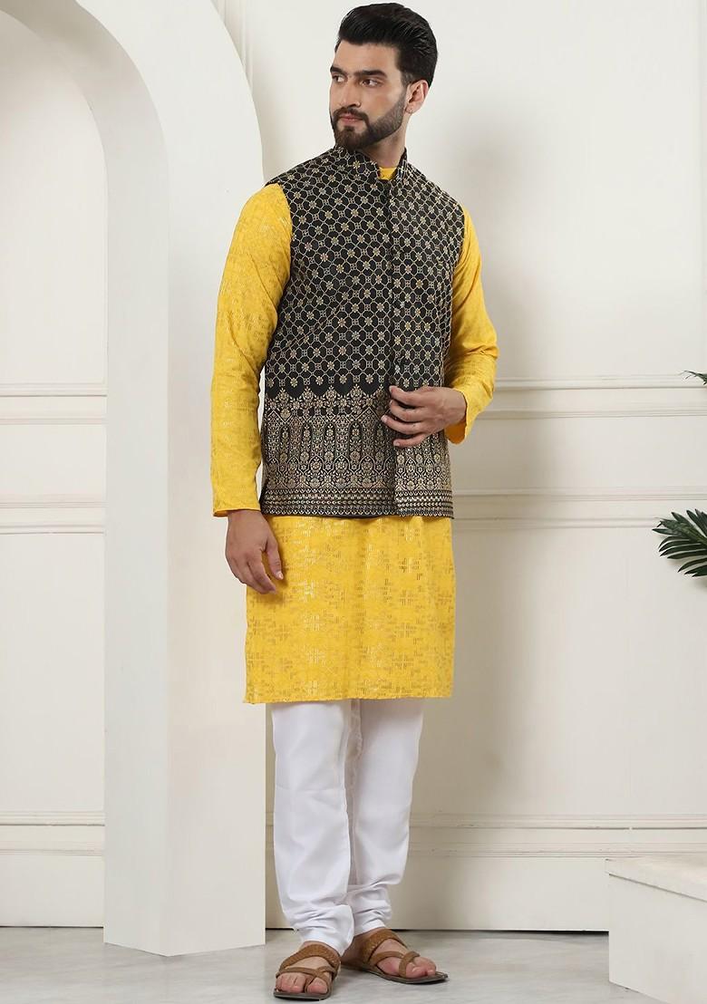 Mustard Woven Cotton Kurta Set For Men