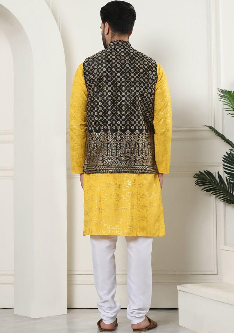 Mustard Woven Cotton Kurta Set For Men