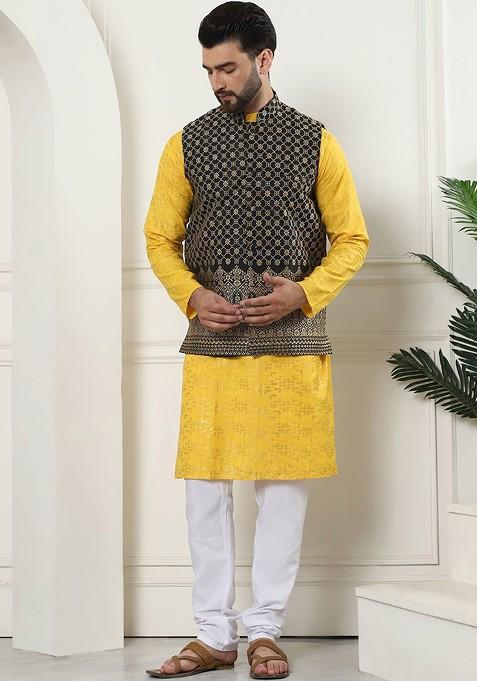Mustard Woven Cotton Kurta Set For Men
