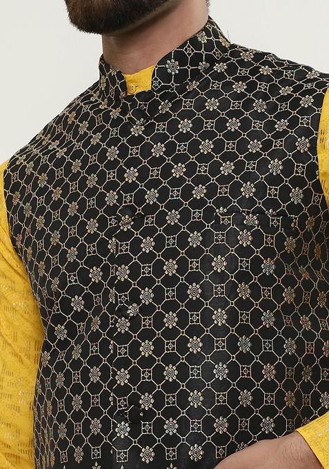 Mustard Woven Cotton Kurta Set For Men