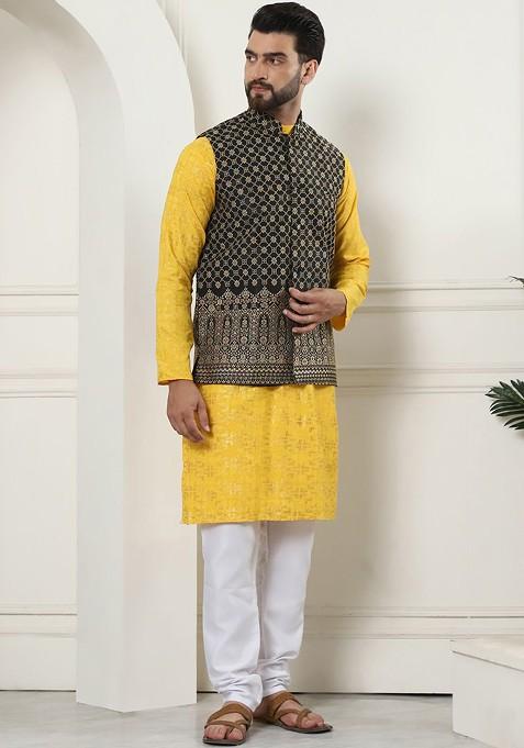 Mustard Woven Cotton Kurta Set For Men
