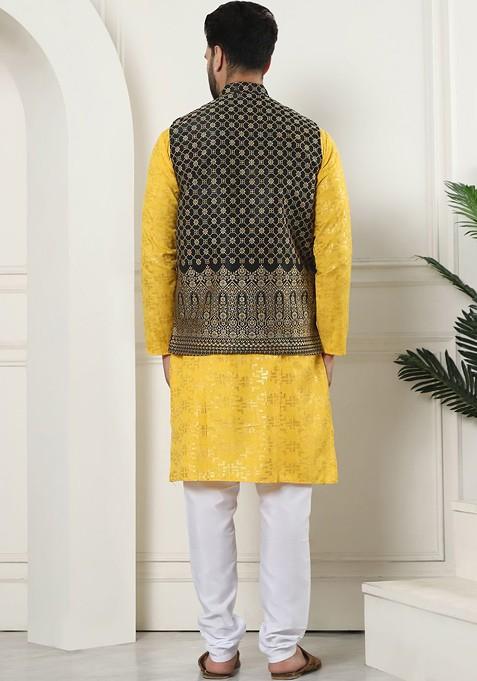 Mustard Woven Cotton Kurta Set For Men