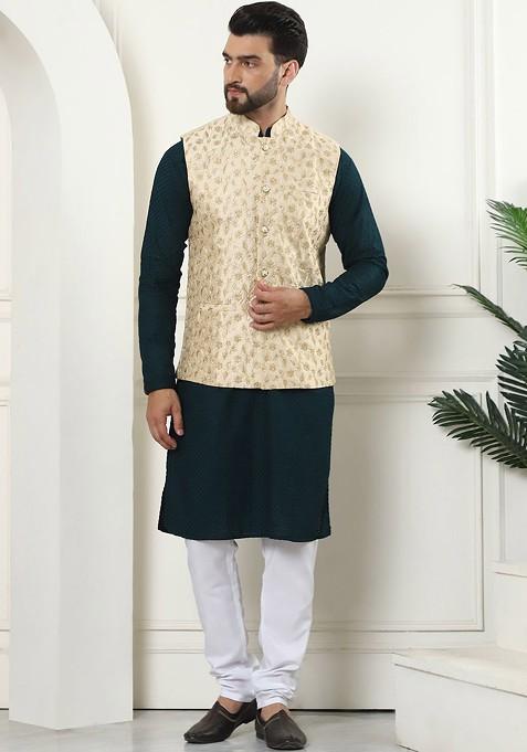 Green Ethnic Motifs Cotton Kurta Set For Men