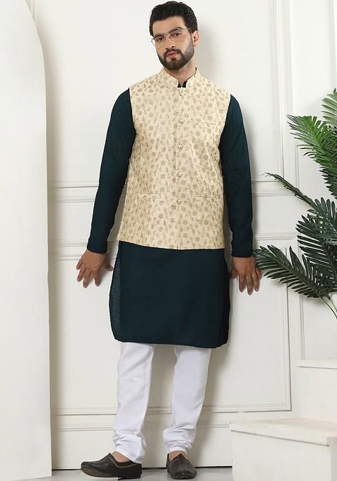 Green Ethnic Motifs Cotton Kurta Set For Men