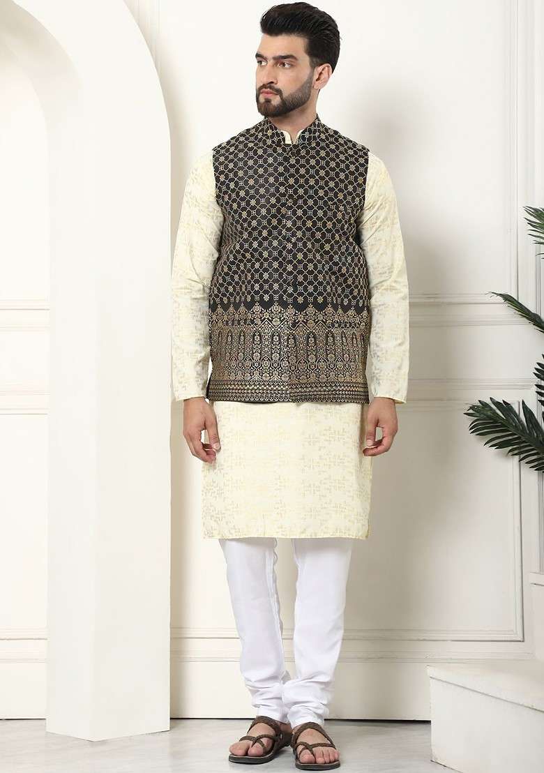 Yellow Printed Cotton Kurta Set For Men - Indya