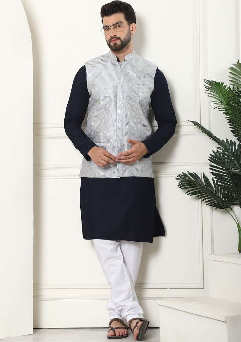 Navy Blue Sequin Work Cotton Kurta Set For Men - Indya