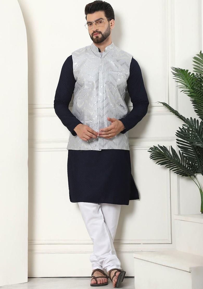 Navy Blue Sequin Work Cotton Kurta Set For Men