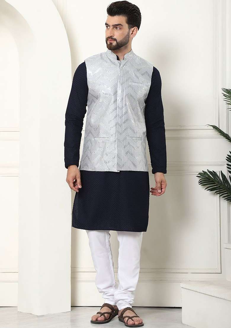 Navy Blue Sequin Work Cotton Kurta Set For Men - Indya