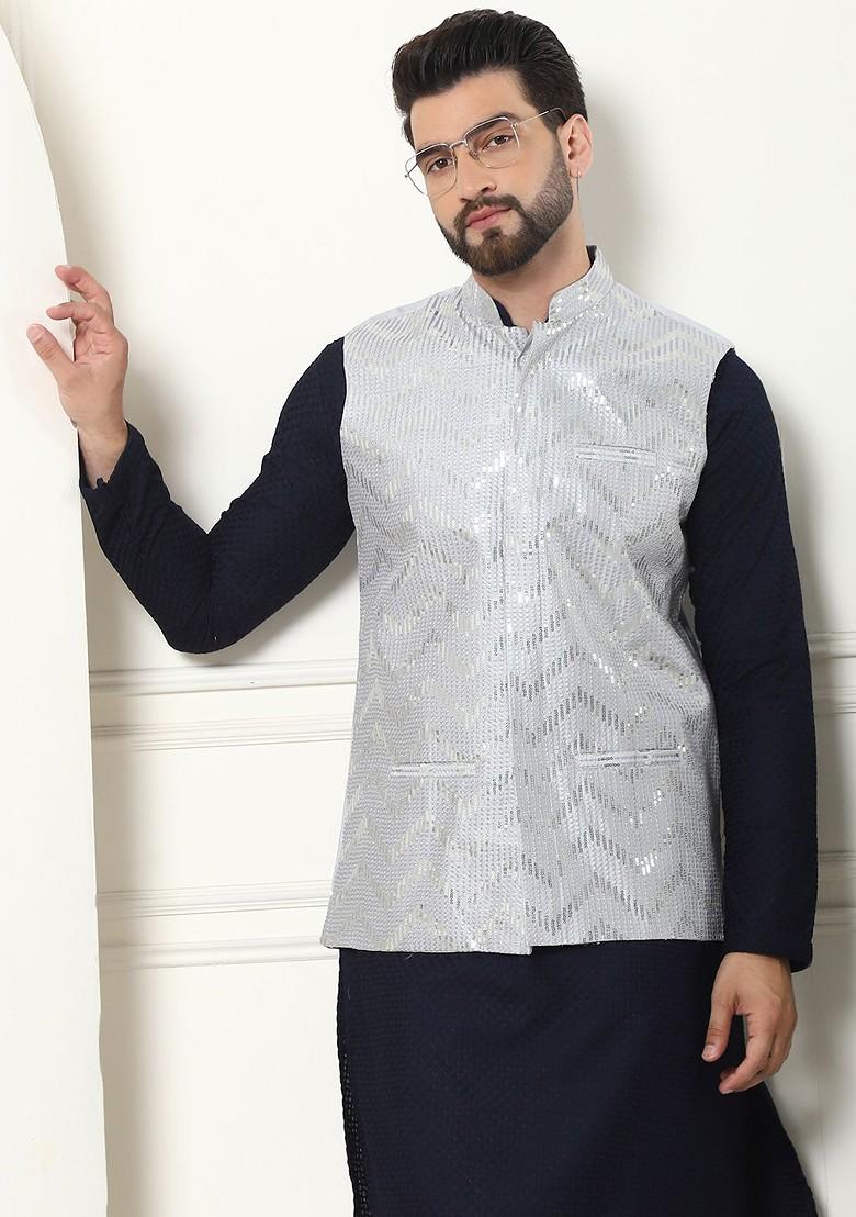 Navy Blue Sequin Work Cotton Kurta Set For Men