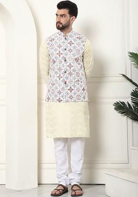 Yellow Woven Cotton Kurta Set For Men