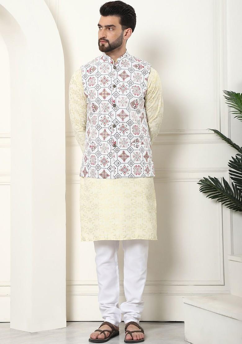 Yellow Woven Cotton Kurta Set For Men