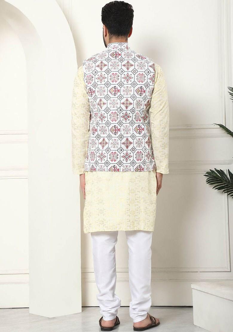 Yellow Woven Cotton Kurta Set For Men