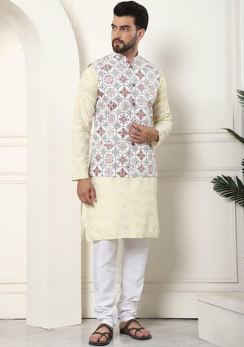Yellow Woven Cotton Kurta Set For Men