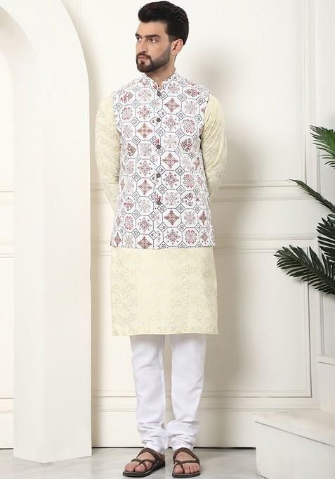 Yellow Woven Cotton Kurta Set For Men