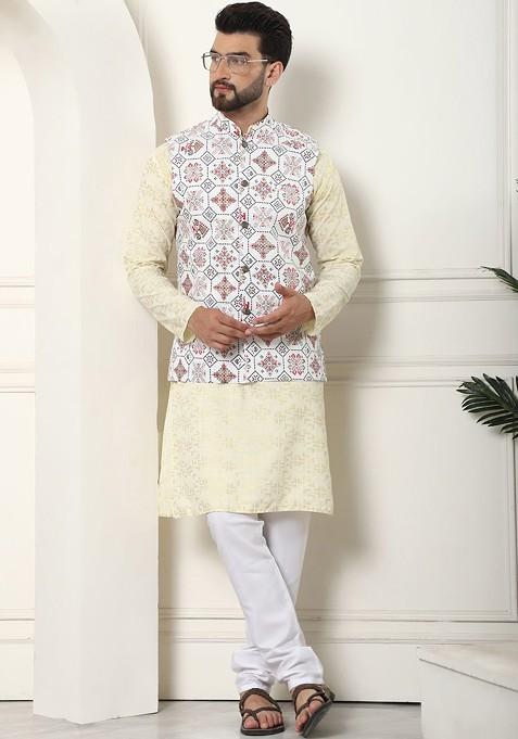 Yellow Woven Cotton Kurta Set For Men