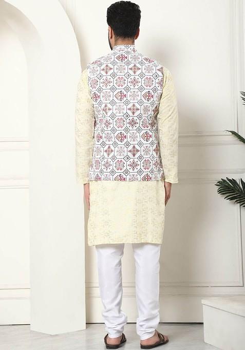 Yellow Woven Cotton Kurta Set For Men