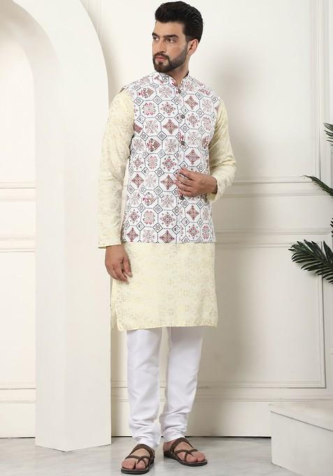 Yellow Woven Cotton Kurta Set For Men