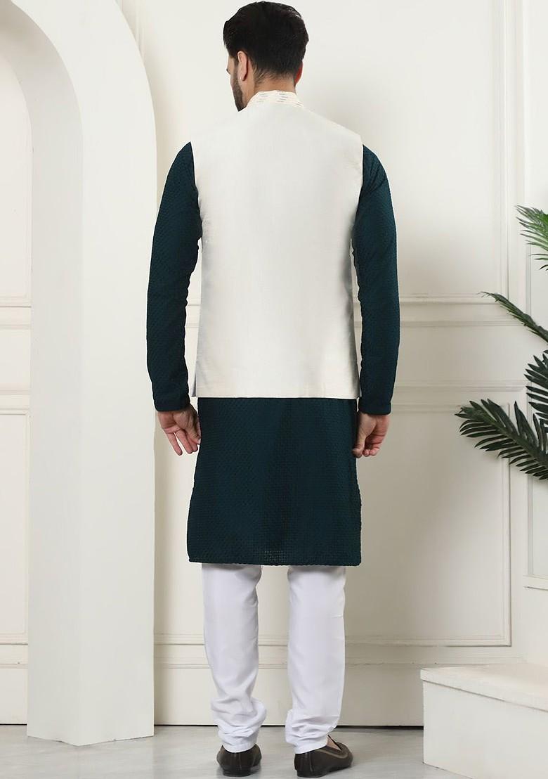 Green Checked Cotton Kurta Set For Men